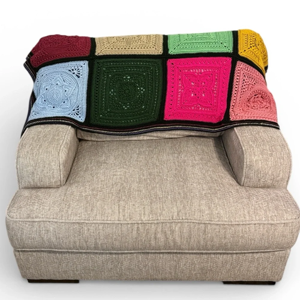 Vintage Granny Afghan Patch Crochet Knit Rainbow Throw Blanket 66” Square